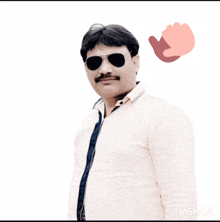 a man wearing sunglasses and a white shirt has a share icon above his head