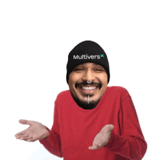 a man wearing a red sweater and a black beanie with the word multivers on it