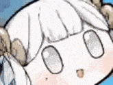 a close up of a cartoon character 's face with white hair and a blue background .
