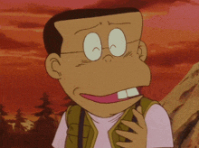 a cartoon character with glasses covering his ear