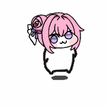 a cartoon of a girl with pink hair and purple eyes is standing on a white background .