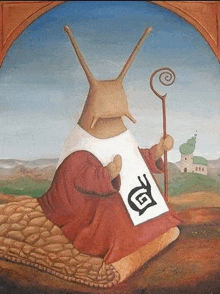 a painting of a snail sitting on a pillow holding a cane and a sign .
