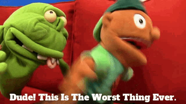 two stuffed animals are sitting on a red couch with the words dude this is the worst thing ever