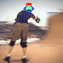 a person riding a skateboard with a clown face on their head