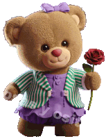 a teddy bear wearing a green and white striped jacket and purple skirt is holding a rose