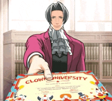 a man is holding a clown university certificate in his hand