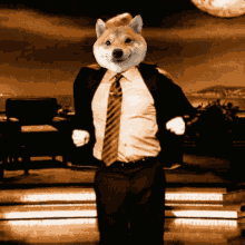 a dog wearing a suit and tie stands in front of a full moon