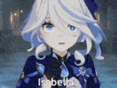a girl with white hair and blue eyes has the name isabella on her chest