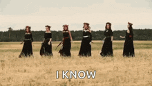 a group of women in black dresses are dancing in a field and the words `` i know '' are above them .