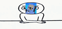 a cartoon drawing of a person holding a picture of a dog