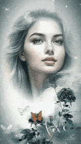 a painting of a woman with butterflies and roses