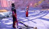 two people standing next to each other with a crossbow in the foreground
