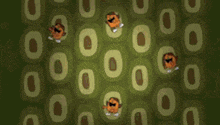 a cartoon character is standing in front of a green background with circles on it .