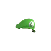a green cap with a white letter l on it