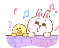 a cartoon drawing of a rabbit and a duck with music notes in the background