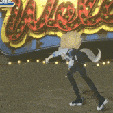 a cartoon character is dancing in front of a sign that says ' wizard '