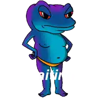 a blue and purple frog with red eyes is standing with his hands on his hips and the word aitin below him