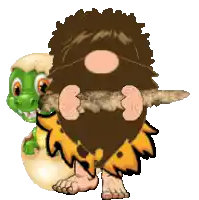 a cartoon caveman is holding a stick next to a baby dinosaur