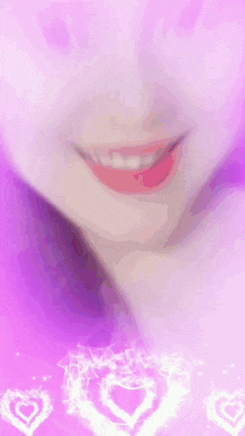 a close up of a woman 's face with a purple background and hearts