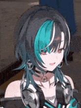 a girl with black and green hair is wearing headphones and choker .