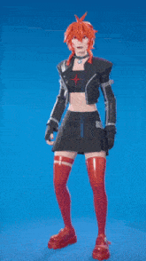 a girl with red hair and red stockings is running on a blue background