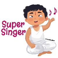 a cartoon drawing of a boy singing with the words super singer behind him