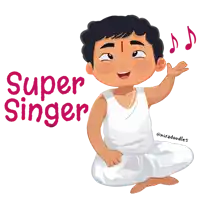 a cartoon drawing of a boy singing with the words super singer behind him