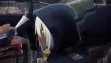 a cartoon character with white hair and a blue hood is holding a sword in his hand