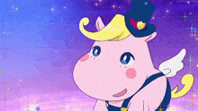 a pink unicorn wearing a top hat and overalls with wings