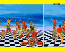 a group of people are dancing on a checkered floor with the words juan abral on the bottom right