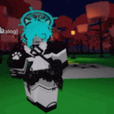 a cartoon character with blue hair is standing in a park with trees in the background