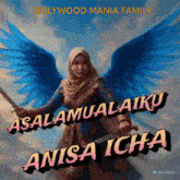a woman with angel wings is holding a sword and the words bollywood mania family are above her