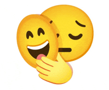 two smiley faces are hugging each other and one has a surprised look on his face