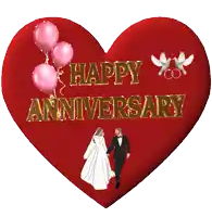 a red heart that says happy anniversary with a bride and groom holding hands