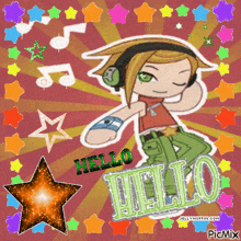 a cartoon of a boy with headphones and the words hello