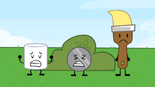 a cartoon of a marshmallow a coin and a paint brush standing in a field