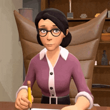 a cartoon character is sitting at a desk with a pencil