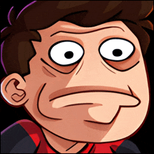 a cartoon drawing of a man with big eyes and a smirk on his face
