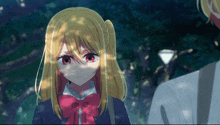 a girl with blonde hair and red eyes is standing next to a boy