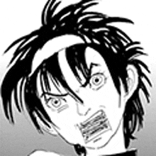a black and white drawing of a person with a bandana on their head making a funny face .