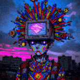 a colorful drawing of a person with a tv on their head with the word mafia on it