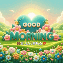 a poster that says good morning blessings with a heart surrounded by flowers
