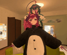 a girl in a penguin costume is holding another girl on her shoulders