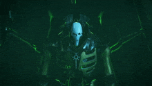 a skeleton with glowing eyes and a cross on the chest