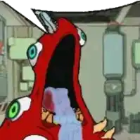 a cartoon of a monster with a speech bubble in front of it .