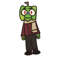 a green cartoon character with red eyes and a scarf