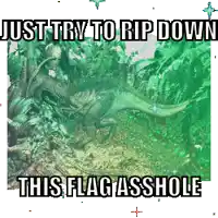a picture of a dinosaur with the words just try to rip down this flag asshole below it