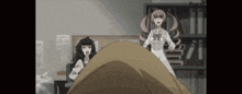 two anime girls standing next to each other in a room