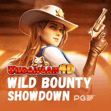 a woman in a cowboy hat holding a gun with the words wild bounty showdown pg