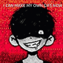 a black and white drawing of a boy with a smile on his face and a red background .